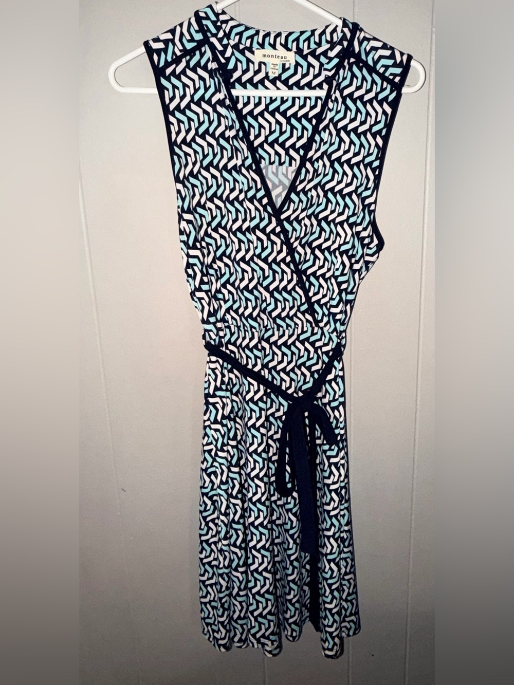 Monteau Geometric Wrap Midi Dress in Navy, White & Aqua